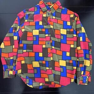 Vtg‎ Y2K 90s Allison Taylor Geo Colorblock Silk Blouse M Abstract Cubism Pop Art